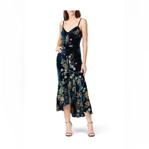 Embroidered Marchesa Notte gown. Dark teal velvet.